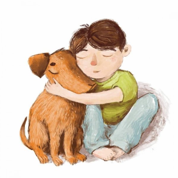 Мальчик обнимает щенка