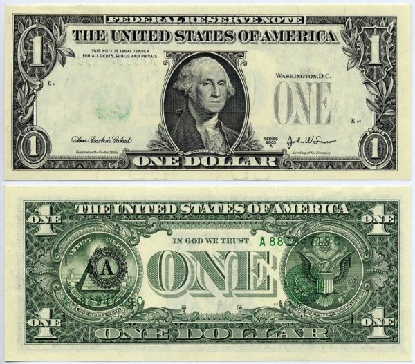 1 Долларовая купюра с двух сторон