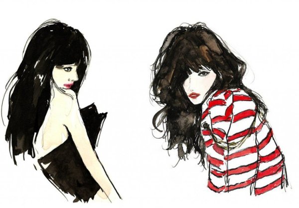 Брюнетка с чёлкой нарисованная акварелью