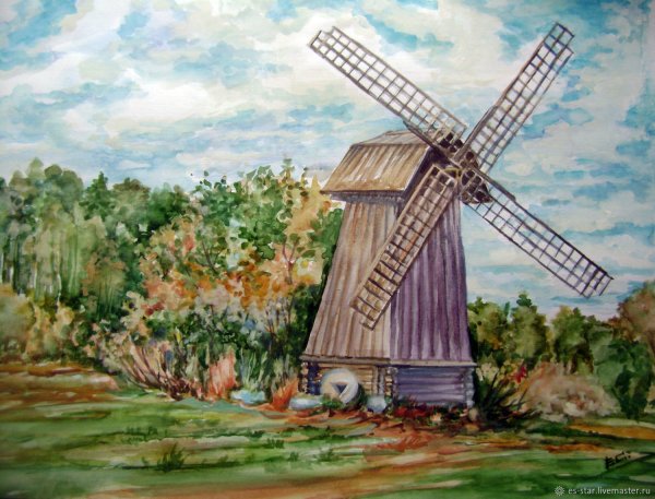 Ветряная мельница акварель