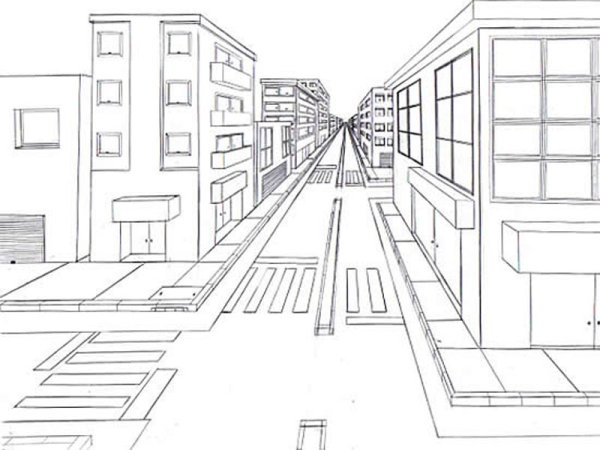 Город линейная перспектива с одной точкой схода