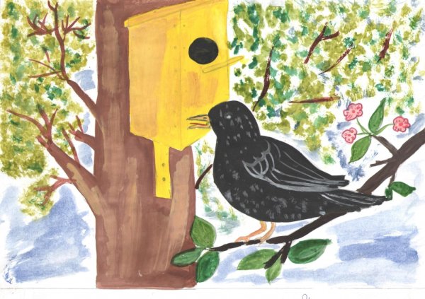 Скворец с скворечником для дошкольников