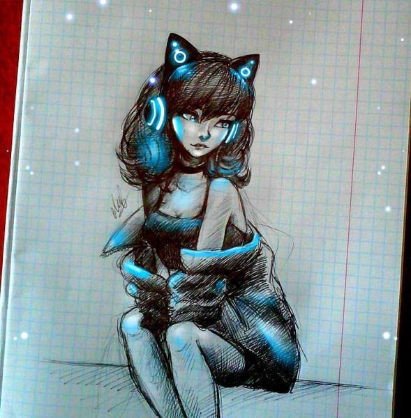 Девушка с кошкой рисунок