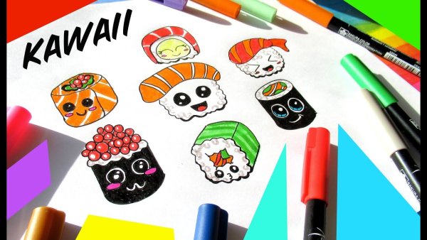Кавайные рисунки еды маркерами