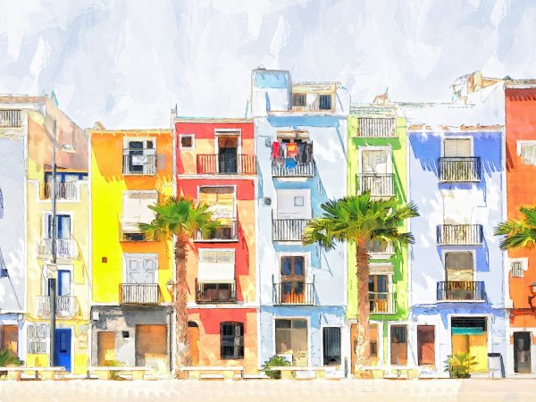 Многоэтажный дом акварелью