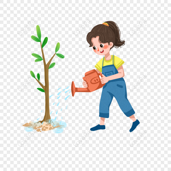 Мальчик поливает дерево