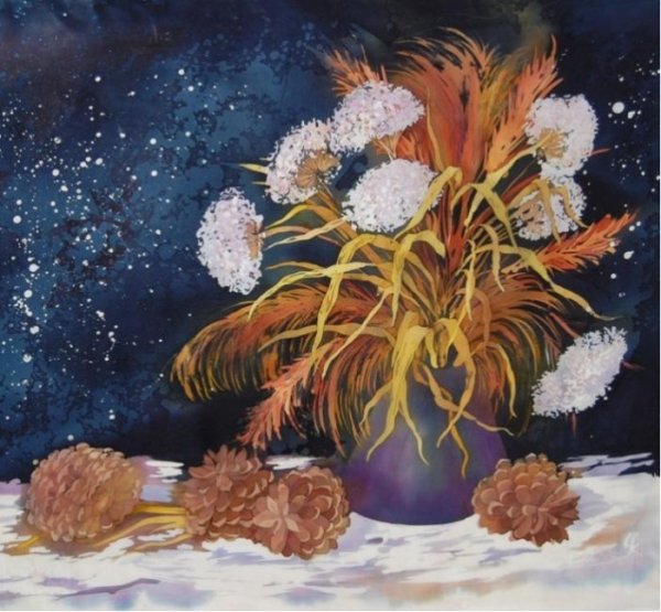 Декоративный зимний натюрморт гуашь