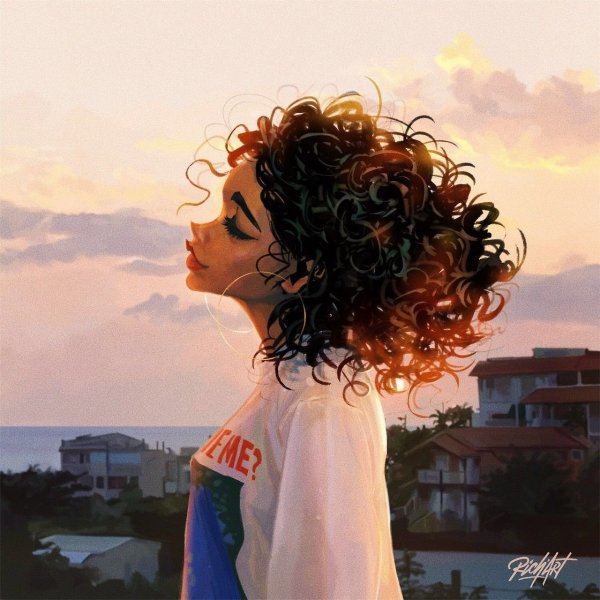 Девушка с кудрявыми волосами арт
