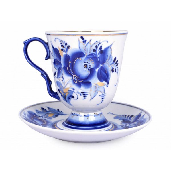 Бокал с блюдцем Гжель 500 мл классический пейзаж золото