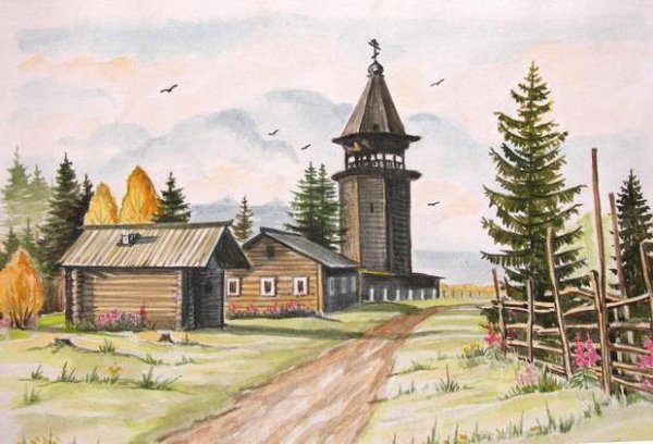 Деревенский пейзаж цветными карандашами