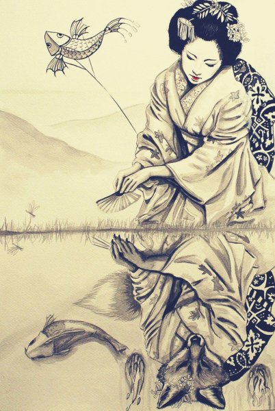 Кицунэ японская мифология гравюра