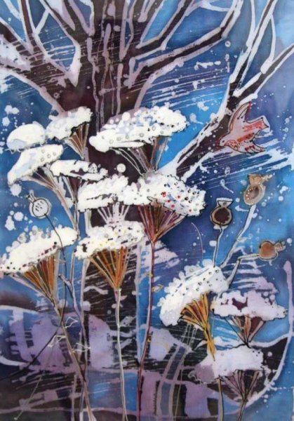 Пейзаж белой гуашью