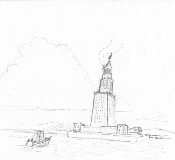 Александрийский Маяк чудо света черно белая