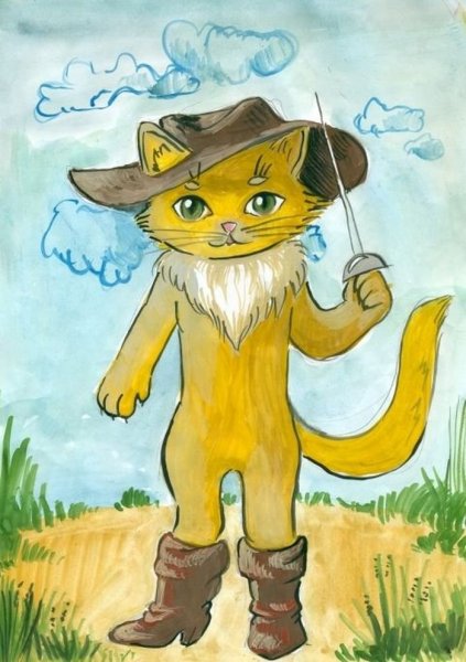 Рисунок кот в сапогах из сказки Шарля Перро