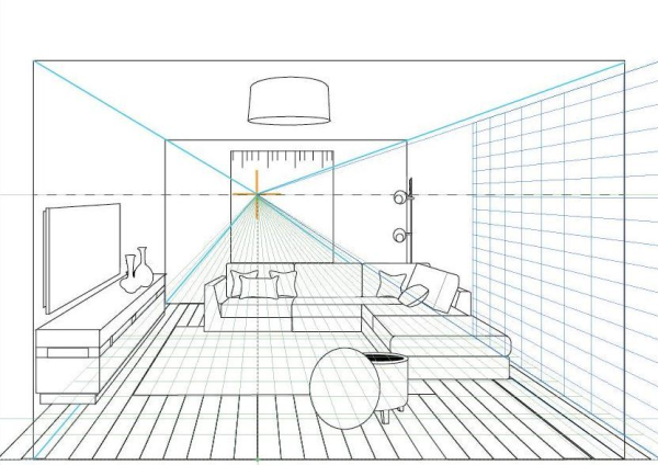 Угловая перспектива интерьера черчение