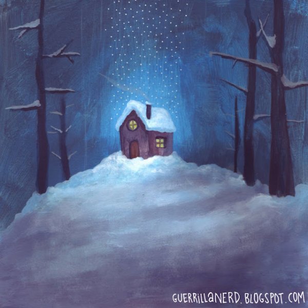 Сказочный домик в зимнем лесу ночью