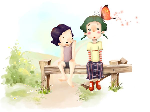 Мальчик и девочка на скамейке