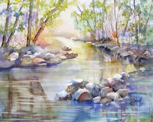 Пейзаж с прудом акварель