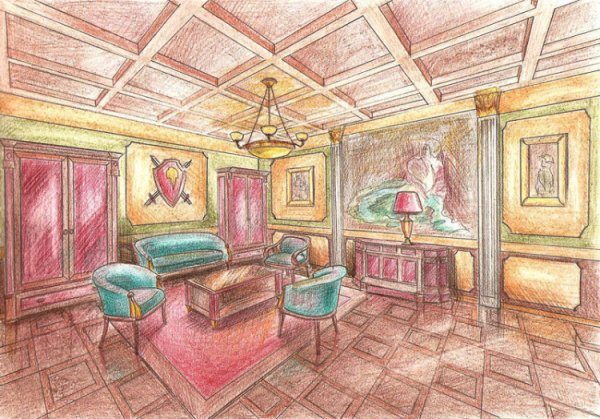 Эскиз интерьера цветным карандашом