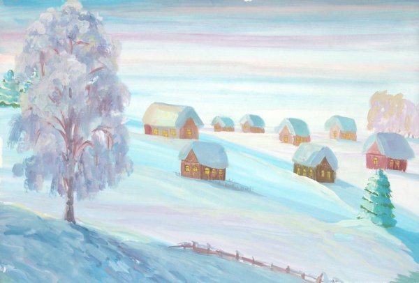 Рисование зима в деревне