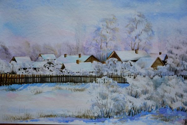 Зимняя деревня акварель