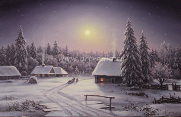 Деревня зимой гуашью