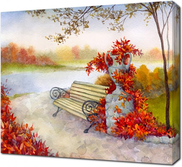 Скамейка осень акварель