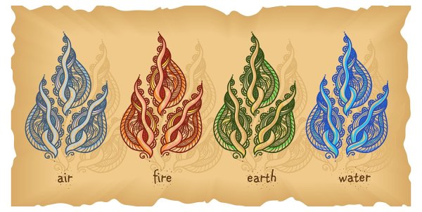 Элементы стихии огонь, вода, воздух и земля.