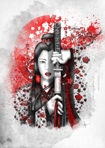 Японская живопись гейши харакири