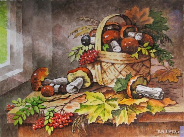 Натюрморт корзина с грибами