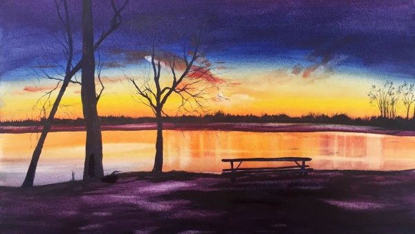 Вечерний пейзаж живопись акварель