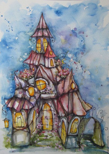 Акварельными карандашами домики