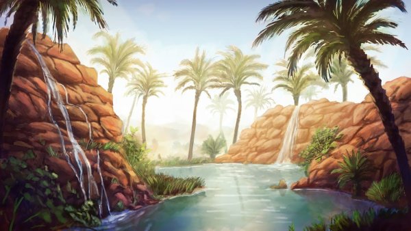 Живописный Оазис в пустыне нарисованный