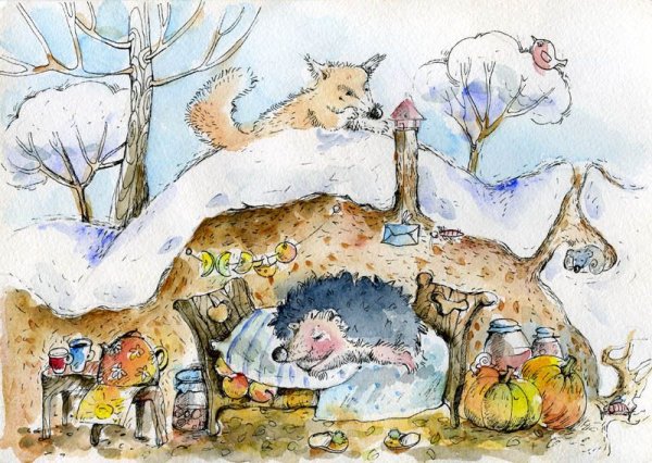 Ежик спит в норке