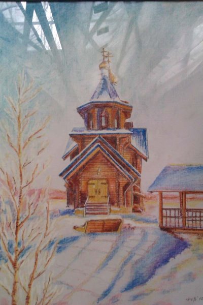 Деревянные церкви гуашью