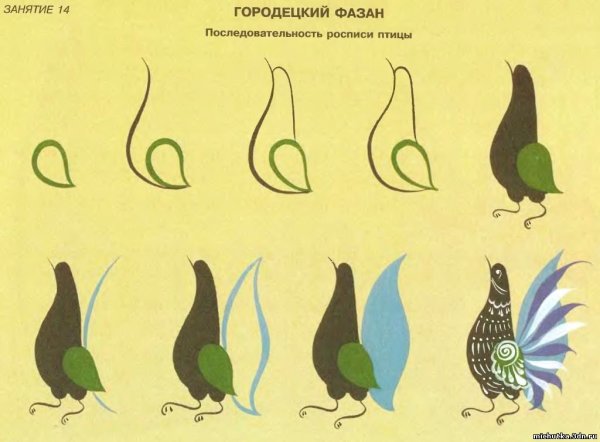 Городецкая роспись элементы фазан