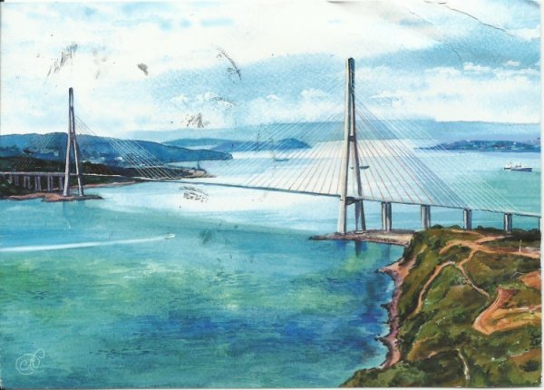 Владивосток золотой мост акварель