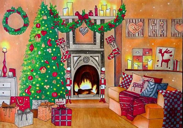 Нарисовать новогоднюю комнату