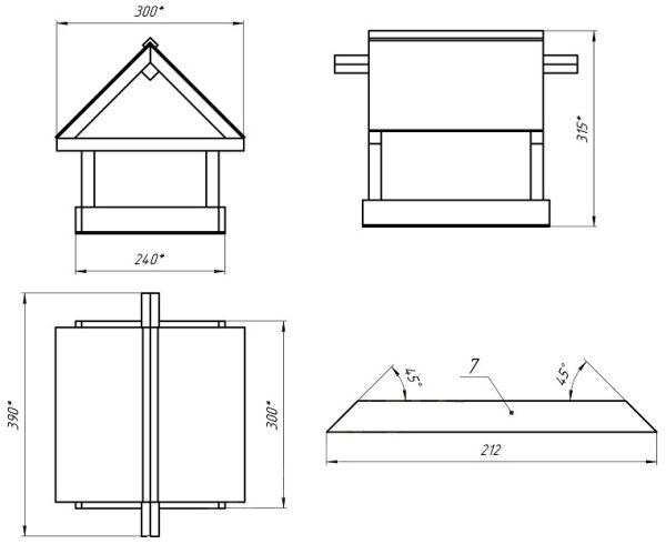 Чертеж кормушки вид сбоку сверху спереди