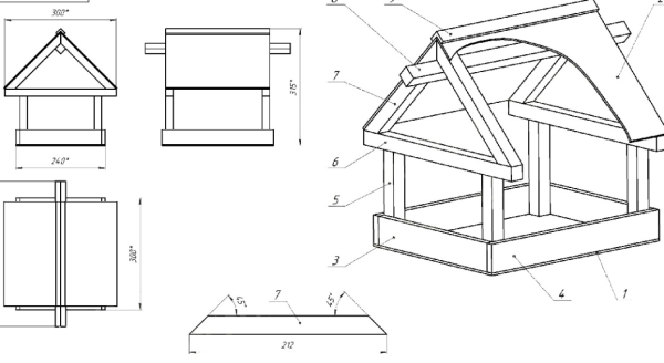 Чертёж кормушки для птиц из дерева с размерами