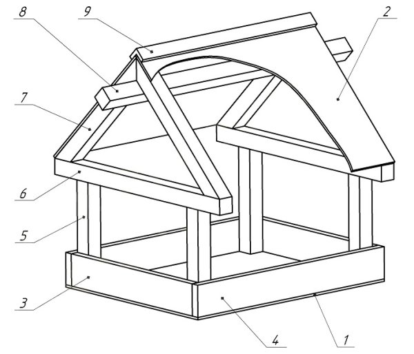 Чертёж кормушки для птиц из дерева с размерами