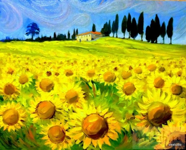 Поле подсолнухов гуашью