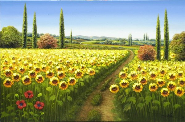 Подсолнуховое поле акварелью