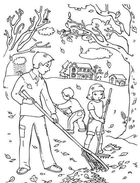 Раскраска уборка листьев осенью