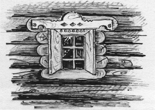 Окно русской избы карандашом