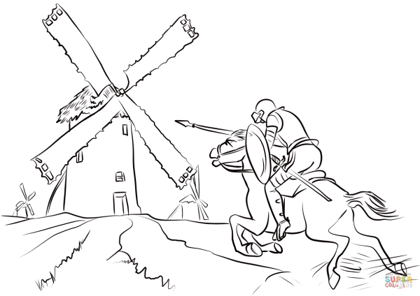 Дон Кихот и Ветряные мельницы рисунок