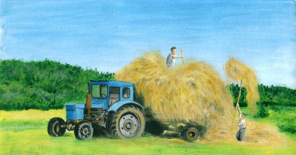 Сенокос на тракторе акварелью
