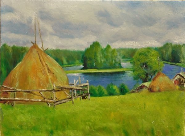 Стога пейзажи акварелью