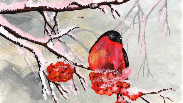 Снегирь на ветке рябины гуашью