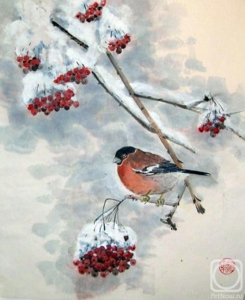 Рябина в снегу акварель